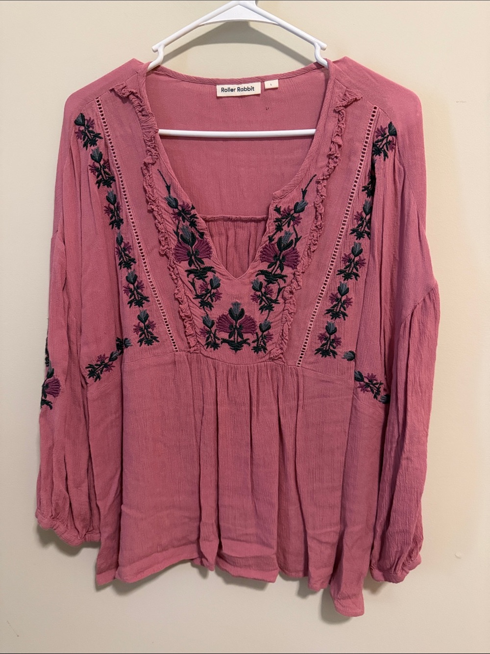 Roller Rabbit Rose-Pink Floral Embroidered Peasant Tunic